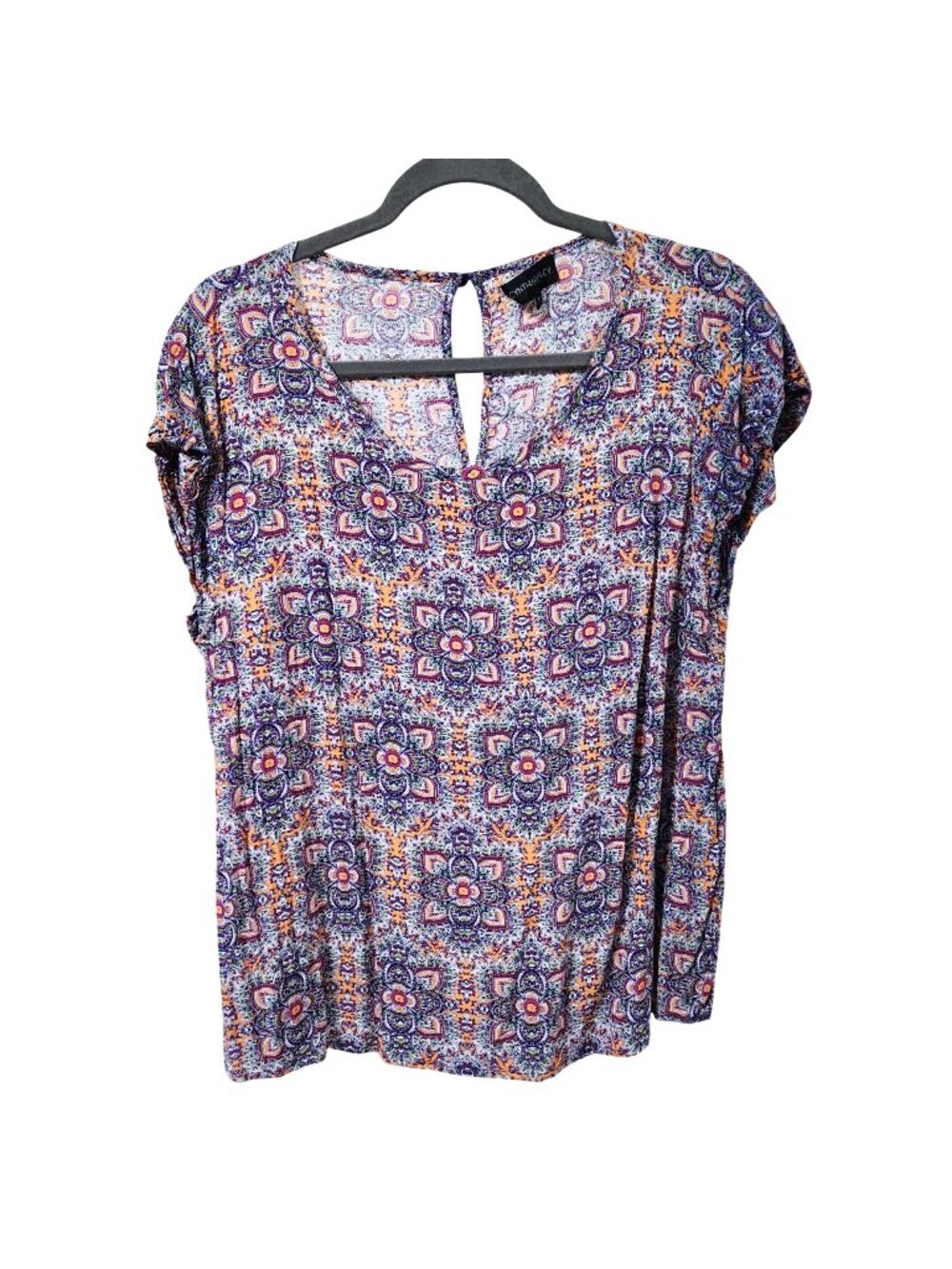 Cynthia Rowley Geometric Floral V‑Neck Blouse – Purple Pink Orange – XL READ